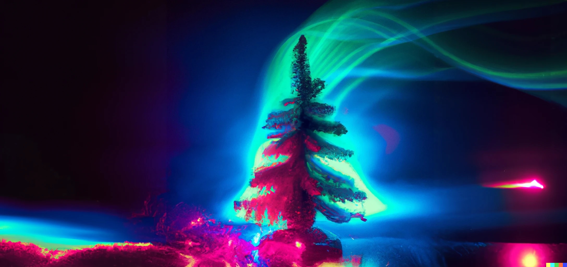 Image generated by DALL·E: A futuristic Christmas scene with a Christmas tree with candles, Lametta , synthwave style